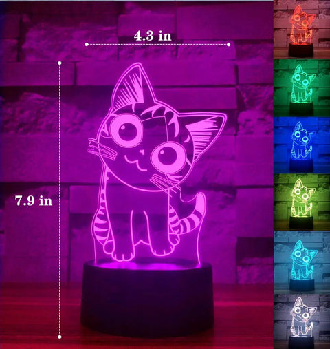 Cat Night Light 3D Illusion Lamp With Seven Color Auto Change And Touch Control Bedside Table Lamp glowing in multiple colors