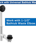 Tip-Toe Tub Drain Kit in Matte Black with solid brass build fits 1-1/2 inch bathtub waste elbows, white pipe illustration.