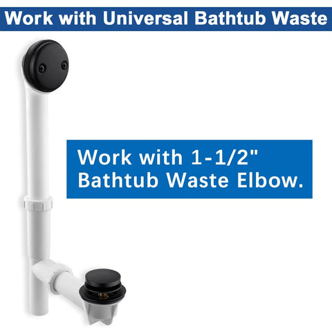Tip-Toe Tub Drain Kit in Matte Black with solid brass build fits 1-1/2 inch bathtub waste elbows, white pipe illustration.