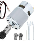 High Speed 24V CNC Spindle Motor Kit With ER11 Collets One Eighth Inch And One Quarter Inch For 3018 And 1610 Milling Router Machines 20000 RPM DC Motor Package With Wrenches And Holder For DIYers, showing motor, wrenches, and collets