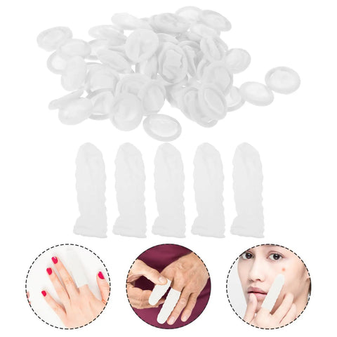 100 Pack Antistatic Fingertip Protectors And Finger Sleeves in white displayed with use examples for cleanroom and industrial tasks.