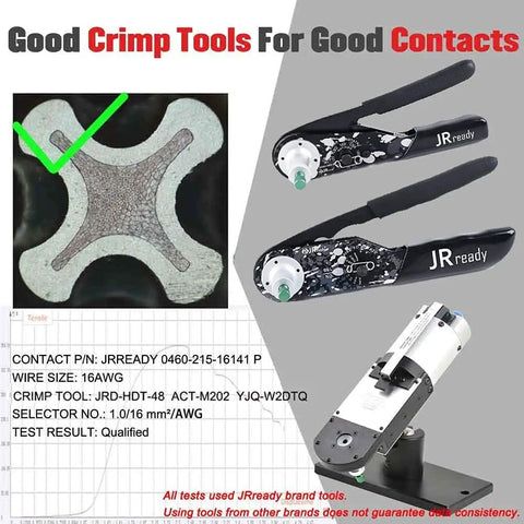 Crimp tool and DT Connector Solid Contacts Kit for 14-16 AWG wire with male pins, female sockets, and size 16 terminal set.