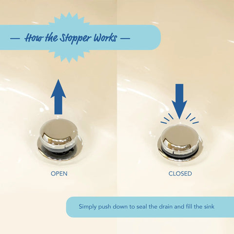 2 In 1 Bathroom Sink Stopper And Hair Catcher Drain Strainer Chrome Plated Cap Fits 1.25 Inch Drains open and closed demonstration