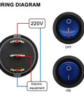 Round Rocker SPST On Off Switch 3 Pin Blue LED Illuminated Power Switch 10A 125V 6A 250V AC For Household Appliances And DIY Projects Industrial Grade 10 Pack wiring diagram and ON/OFF views