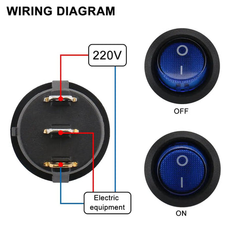 Round Rocker SPST On Off Switch 3 Pin Blue LED Illuminated Power Switch 10A 125V 6A 250V AC For Household Appliances And DIY Projects Industrial Grade 10 Pack wiring diagram and ON/OFF views