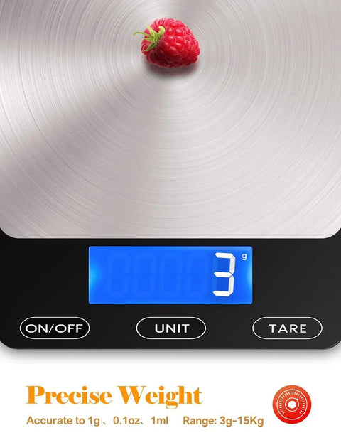 Ultra Precise 33Lb Digital Kitchen Scale With Ounces And Grams, Rechargeable 304 Stainless Steel Platform, Blue Display, Raspberry