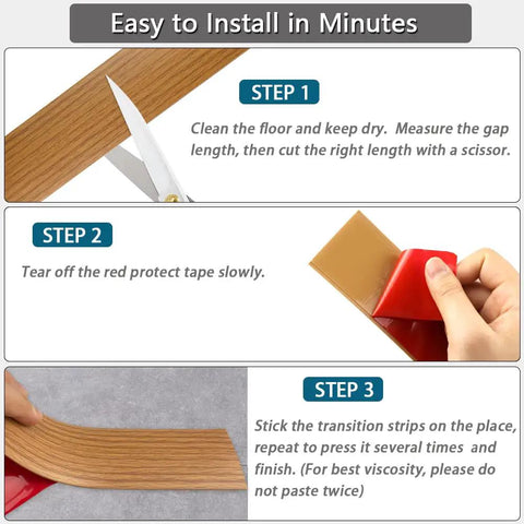 Installation steps for 2 Inch Self Adhesive Floor Transition Strip For Flat Vinyl Flooring Easy Install With Strong Backing Wood Grain.