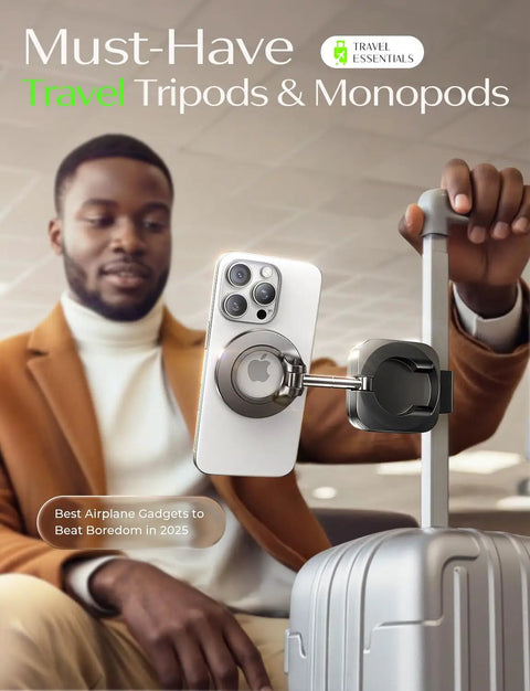 MagSafe Phone Holder For Air Travel attached to suitcase handle, showcasing compact design for iPhone 12-16