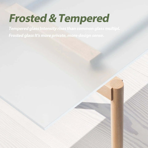 Close-up of frosted glass panel with wooden support, part of Double 15x84 Frosted Glass Barn Door Set In Brown Finish Sliding Bifold Closet Doors With Hardware Kit Included Water Resistant PVC Surface For Bedroom Or Bathroom Durable Track System And Easy Assembly.