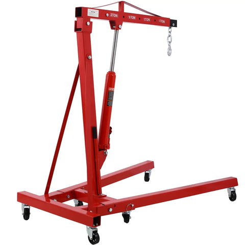 Heavy Duty 2 Ton Folding Engine Hoist 4000 LB Cherry Picker with rolling stand and hydraulic lift, red reinforced steel frame.