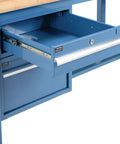 72 Inch Wide By 36 Inch Deep Heavy Duty Maple Top Workbench With Adjustable Tubular Steel Legs Safety Edge Desktop Dual Glide Drawers close-up view of blue drawer open
