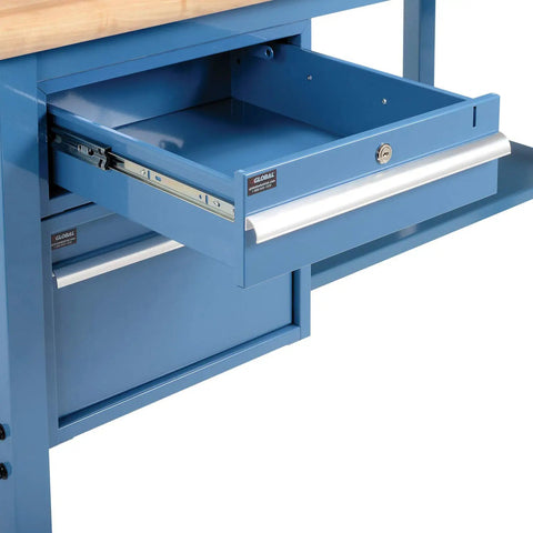 72 Inch Wide By 36 Inch Deep Heavy Duty Maple Top Workbench With Adjustable Tubular Steel Legs Safety Edge Desktop Dual Glide Drawers close-up view of blue drawer open