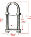 Stainless steel M12 U-bolt with mounting plate, 5.5 in length, 2 in width (front view)