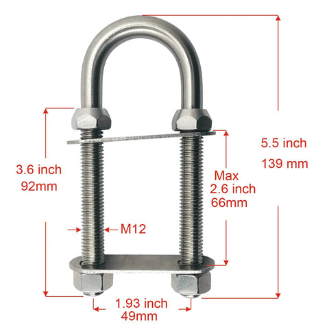 Stainless steel M12 U-bolt with mounting plate, 5.5 in length, 2 in width (front view)
