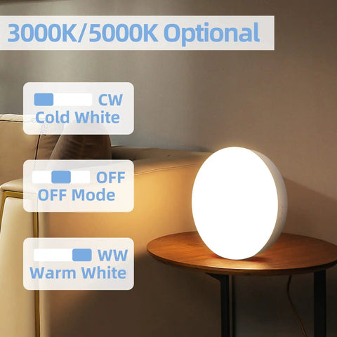 Rechargeable Motion Sensor Ceiling Light with dual color temp options on table