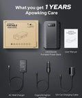 Portable Laptop Battery Bank With 110V 65W AC Outlet For On The Go Power And Emergency Backup, product box and accessories