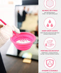 DIY At Home Hair Highlight Kit With Bleach Cap Set 19 Tools For Pro Style Highlights showing pink dye bowl and brush in hand