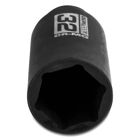 Front view of 32mm Half Inch Drive Axle Nut Socket For Front Wheel Drive Cars, Impact Ready Cr-Mo Steel With Black Oxide Finish.