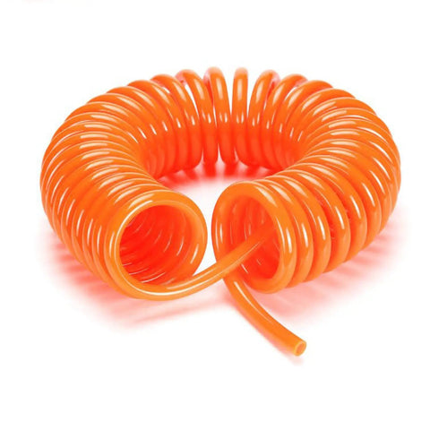 No Sweat TPU Coiled Air Hose With Snap Fit Quick Connector and Robust Dual Seals for absolutely zero air leakage, bright orange coil.