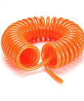 Hella Durable TPU Coiled Air Hose With Quick Snap Connector And Dual Lock Seals For Pneumatic Tools and Gardening Up to 145 Psi in orange coiled design.