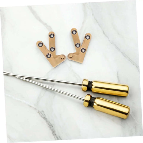 Heavy Duty Hidden Door Hinge Set For Secret Doors And Bookshelves, Invisible Pivot Bronze Hardware with tools on marble surface