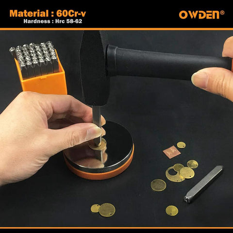 OWDEN 36-piece steel stamp set in orange case; metal letter/number punches for jewelry stamping.