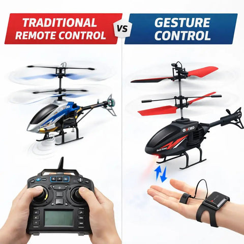 Comparison of traditional remote control helicopter vs Gesture Control RC Helicopter Toy For Kids No Remote Needed Hand Flight