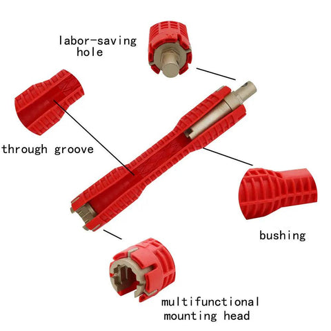 Do It All Faucet And Sink Installer Tool 8 In One Basin Wrench showing labor-saving hole and multifunctional head.