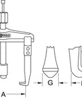 Diagram of Heavy Duty Hydraulic Universal Two Arm Puller 170 To 640 By 125 Millimeters with labeled parts and measurements
