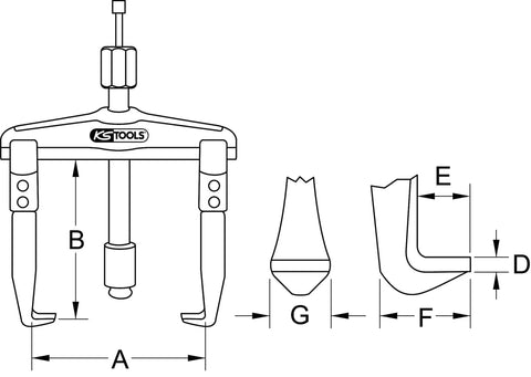 Diagram of Heavy Duty Hydraulic Universal Two Arm Puller 170 To 640 By 125 Millimeters with labeled parts and measurements