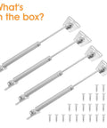 Four Pack Drop Down Gas Struts For Drop Front Desks, 100 Newtons, shown with screws, gas spring hinges for lift and position control.