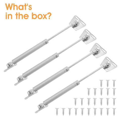 Four Pack Drop Down Gas Struts For Drop Front Desks, 100 Newtons, shown with screws, gas spring hinges for lift and position control.