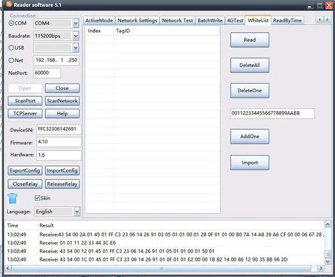 Screenshot of reader software interface used with E Series UR-E901 Long Range Pro Grade UHF RFID Reader With 9dBi Circular Antenna.