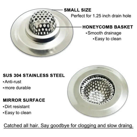 1.25 Inch Drain Strainer Stainless Steel Mesh Basket 2 Pack features stainless steel honeycomb design for efficient drainage.