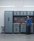 9 Piece Garage Storage Cabinet System With Locking Steel Cabinets, Locker Units, Wall Cabinets, 1-Drawer And 4-Drawer Rollers