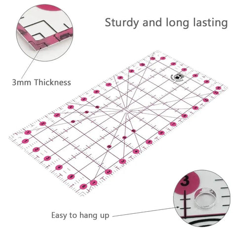 Pink quilting ruler from 45mm Rotary Cutter Set With Ergonomic Handle, Five Extra Rotary Blades And Ten Replacement Blades, A3 Cutting Mat, Craft Knife And 20 Sewing Clips