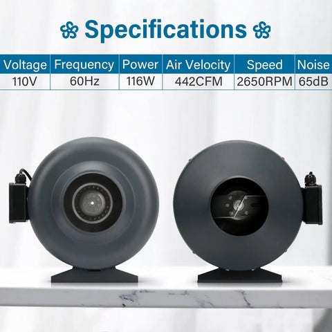 6 Inch Inline Duct Fan Upgrade Beefed Up High Flow 442 CFM 550 Pa Wind Pressure For Hydroponics Grow Tent Ventilation Exhaust
