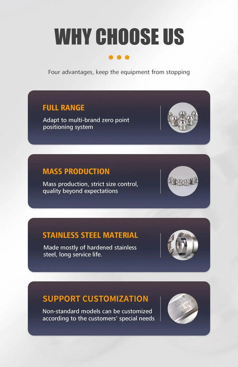 Rock Solid Zero Point Locking Studs With Precision Pull Design For CNC Tooling And Machine Alignment Rust Proof Stainless Steel Construction. Advantages for CNC positioning.