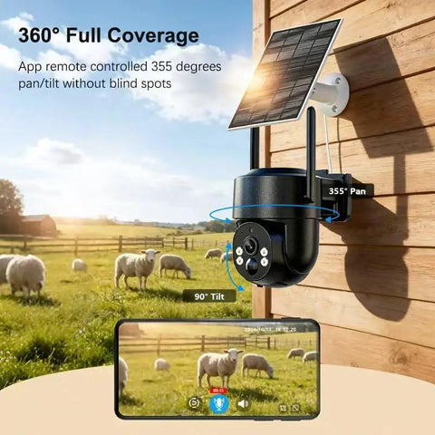Reliable 4G LTE Solar Security Camera Delivers Crisp 5MP Footage And Vivid Color Night Vision No More WiFi Headaches Featuring Rugged IP65 Build Tailored For Backyards And Off Grid Sites mounted on a barn monitoring sheep with smartphone app control.