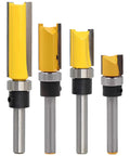 Top Tier 4 Pc Flush Trim Router Bit Set With 1/4 Inch Shank And Bearing Carbide Blades, showcasing four diverse carbide bits.