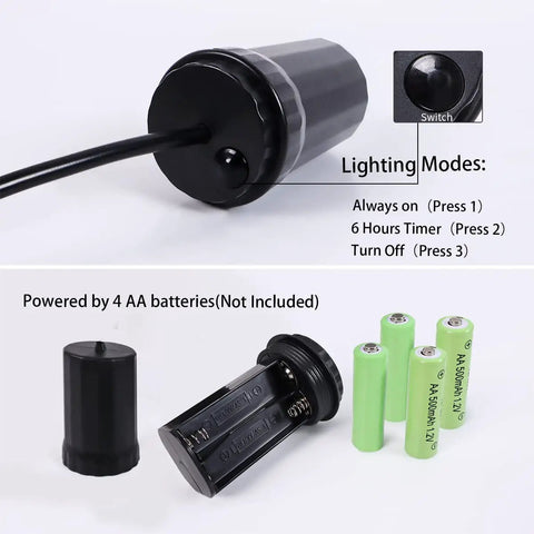 Battery compartment and mode switch for Battery Powered Hanging Light With Retro Black Metal Mesh Shade Edison Bulb, Six Hour Timer.
