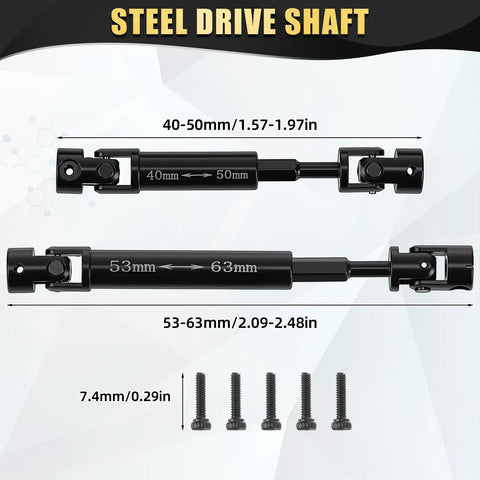 Steel drive shaft dimensions for Beefed-Up 7-In-1 RC Crawler Upgrade Kit For Axial SCX24 1/24, includes bolts for installation.