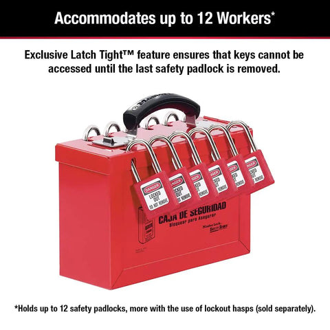 Portable Group Lock Box For Lockout Tagout Safety Makes Equipment Lockout A Breeze With The Handy Latch Tight Feature That Keeps Keys Secure Until The Final Padlock Comes Off Perfect For Osha Compliant Programs And Team Use, showing red box with 6 padlocks