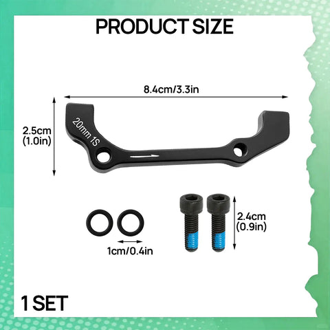 Post Mount Disc Brake Adapter Kit For Front 180mm Rear 160mm Conversion Caliper Mount Spacers For MTB And Road Bikes Easy Plug And Play Brake Upgrade Today, showing adapter, spacers, and bolts dimensions