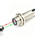 Ultra Compact Laser Photoelectric Sensor Switch M18 PNP No-Brainer 12-24V DC 3 Wire 1-50cm Detection 1ms Fast Response Tiny 2mm Laser Spot Normally Open Laser Beam Sensor NKF-JM18050 Precision Object Detector, M18 metal threaded body detecting a small ball