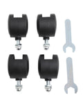 Four black plastic heater caster wheels with 8mm threaded stems and two wrenches.