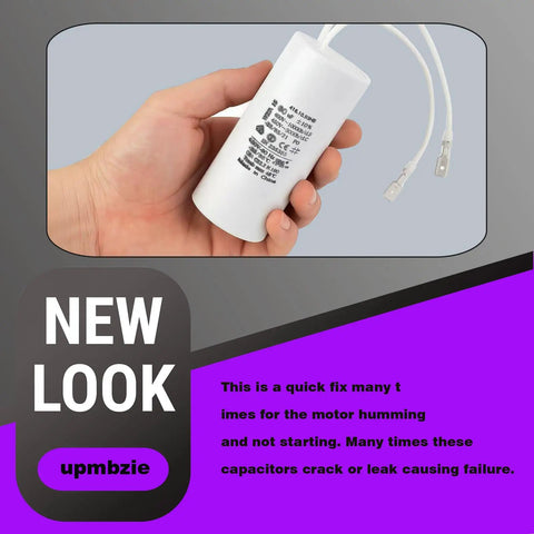 Universal Replacement Capacitor for Global Hydraulics Auto Lift Power Units held in hand, showing size and wires.