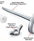 Adjustable Bed Frame Glides With Wing Nut Leveling Feet For Metal Frames, Heavy Duty Floor Protectors With Hardware, Height Up To 4 Inches, 6 Pack parts including wing nut, steel base, and PVC insert.