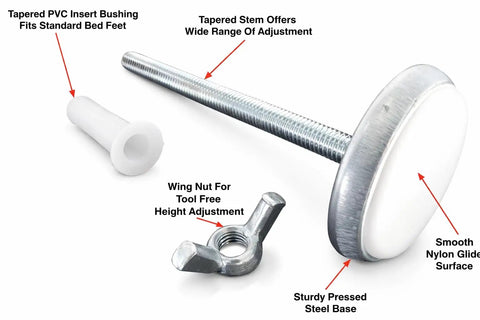 Adjustable Bed Frame Glides With Wing Nut Leveling Feet For Metal Frames, Heavy Duty Floor Protectors With Hardware, Height Up To 4 Inches, 6 Pack parts including wing nut, steel base, and PVC insert.