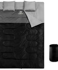 All Season Double Sleeping Bag For Adults With 2 Pillows Queen Size XL Waterproof Camping Gear For Two shown folded with pillows.